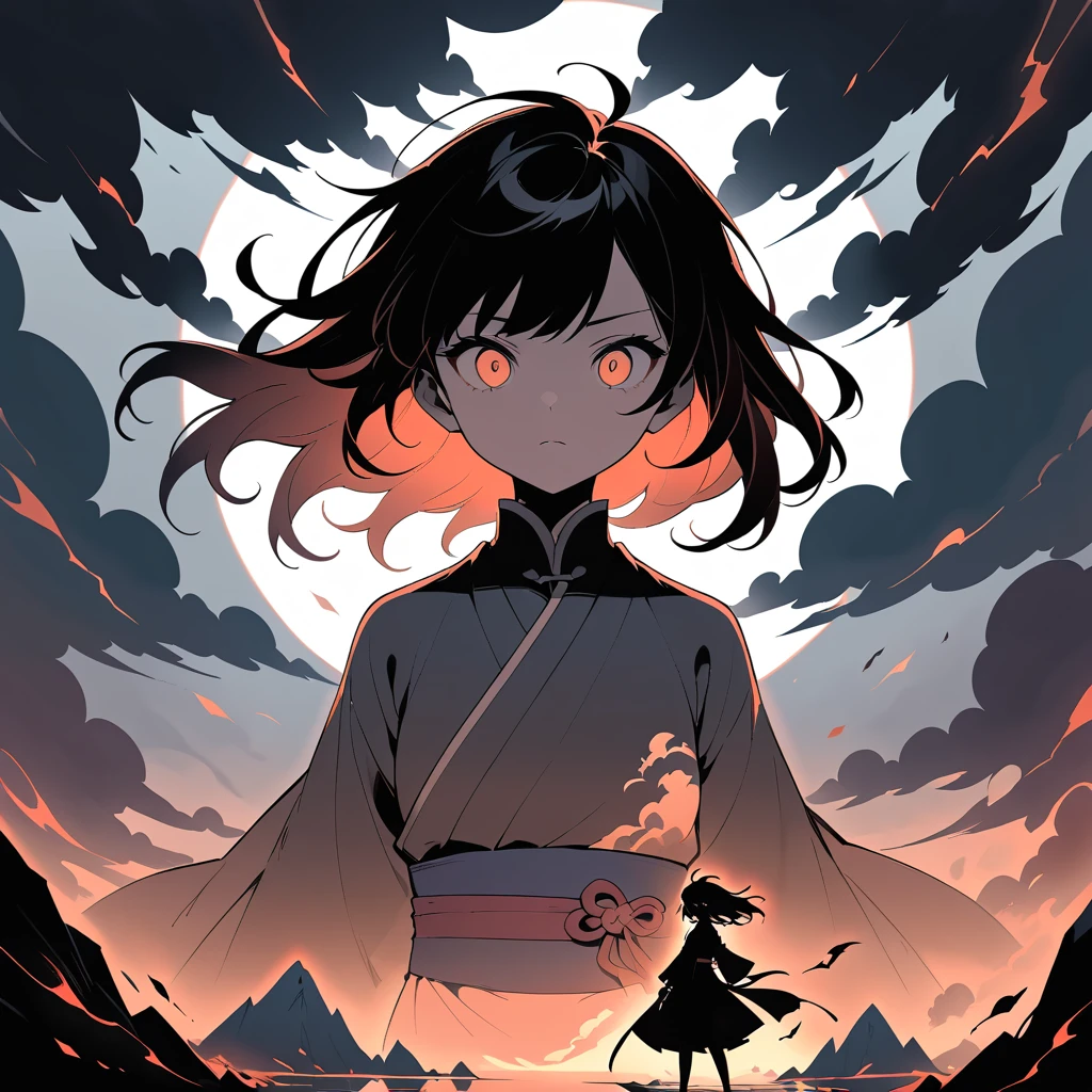 Ritratto di ragazza anime oscura con tempesta nella sua silhouette