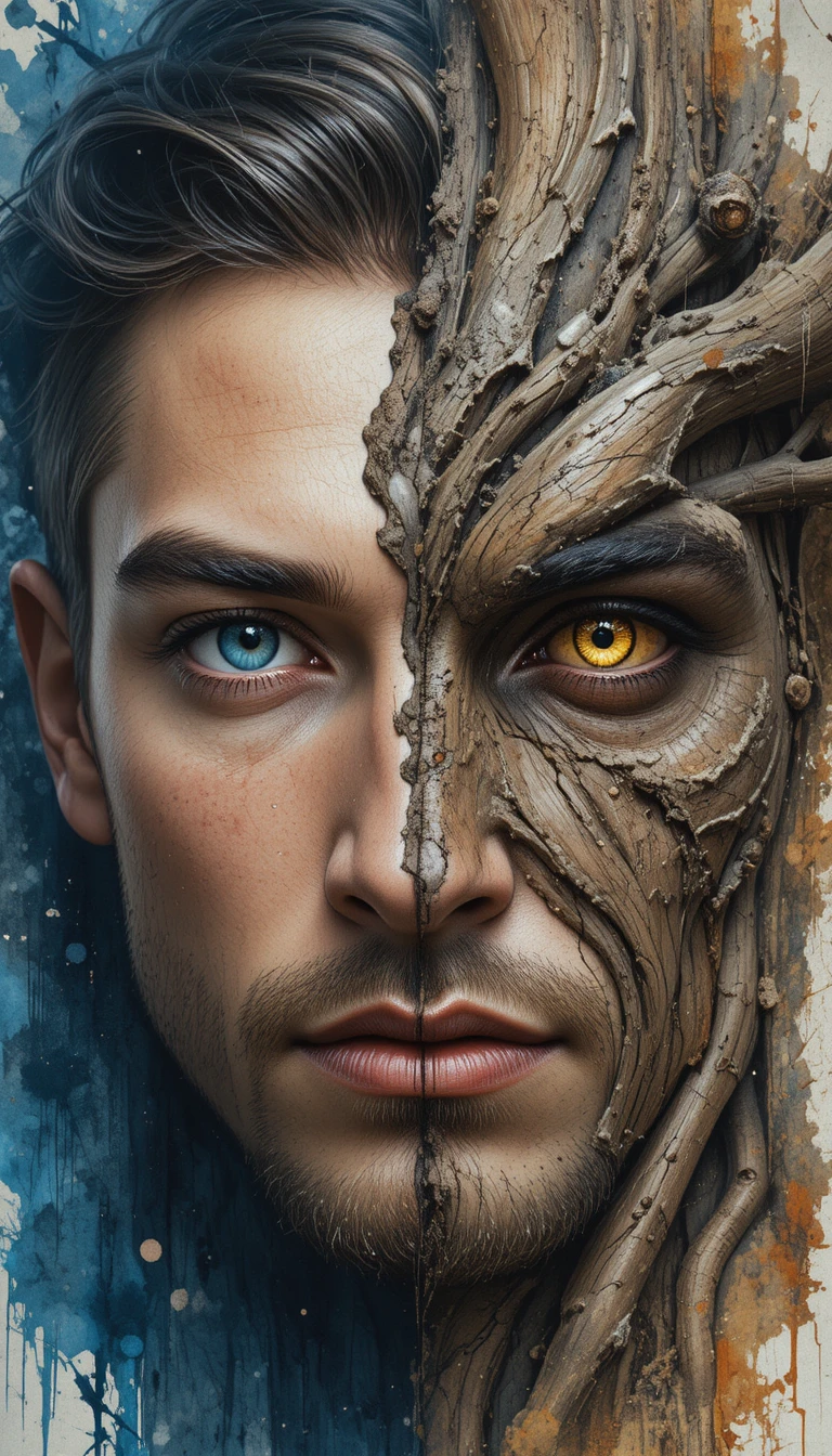 Retrato de homem meio humano meio árvore com olhos contrastantes