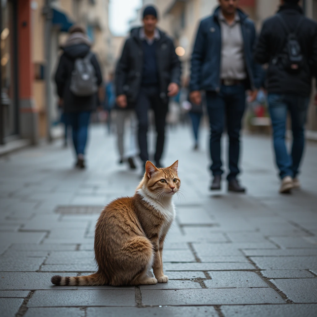 Gato de rua solitário em uma rua movimentada da cidade ao anoitecer