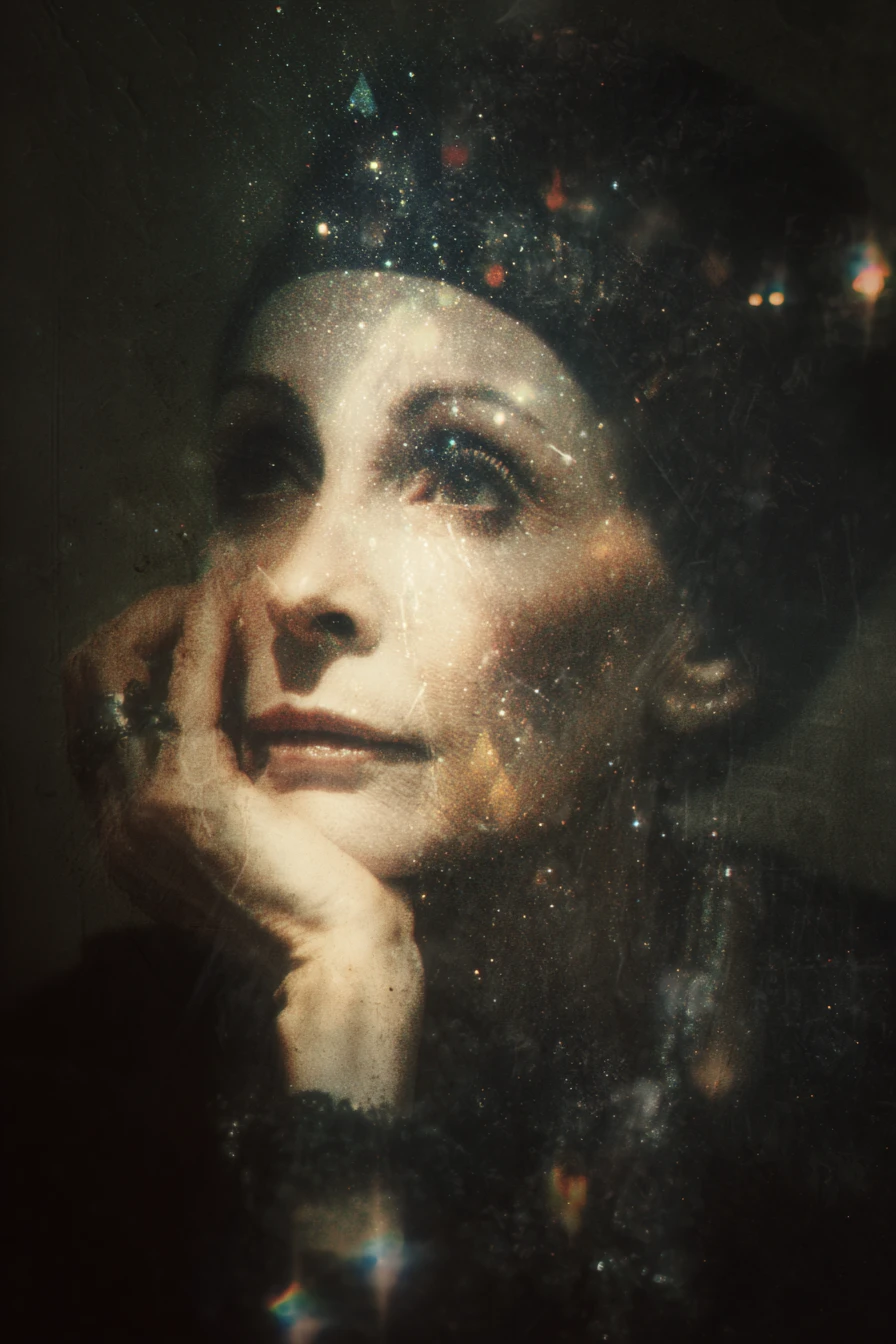 Surreal dark portrait of an aging bohemian woman