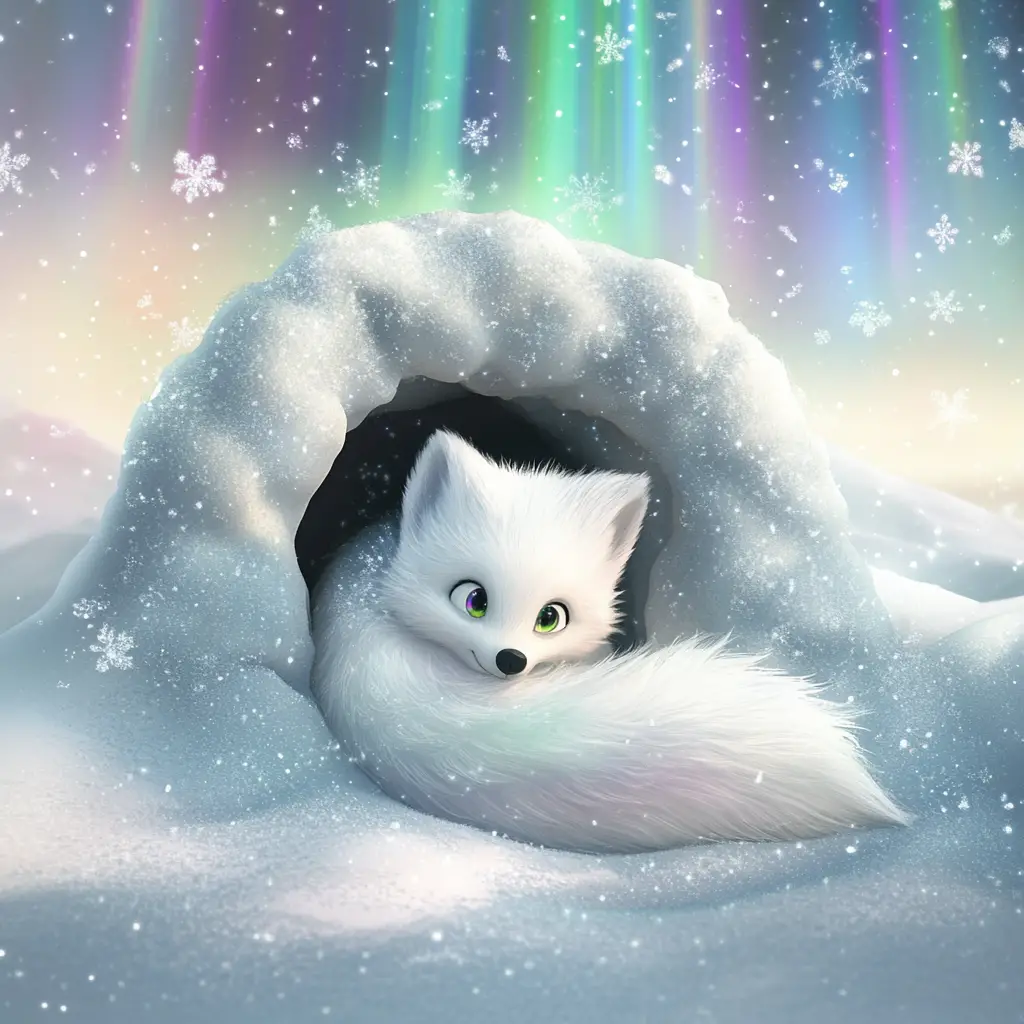 Baby arctic fox curled in a snowy burrow