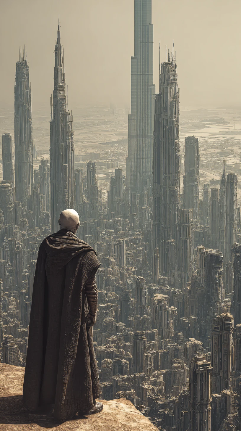 Homem futurista careca em acampamento no deserto diante de cidade art déco
