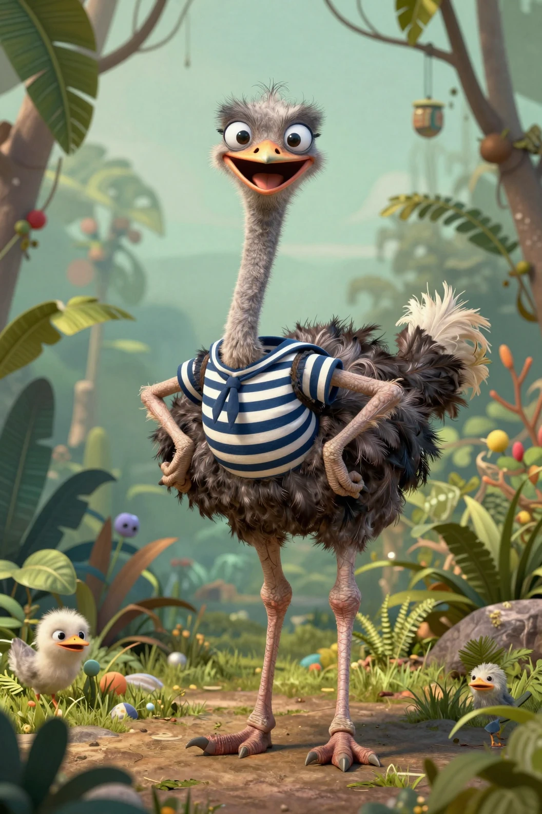 Colorful Caricature Ostrich In Striped Sailor Shirt Smiling