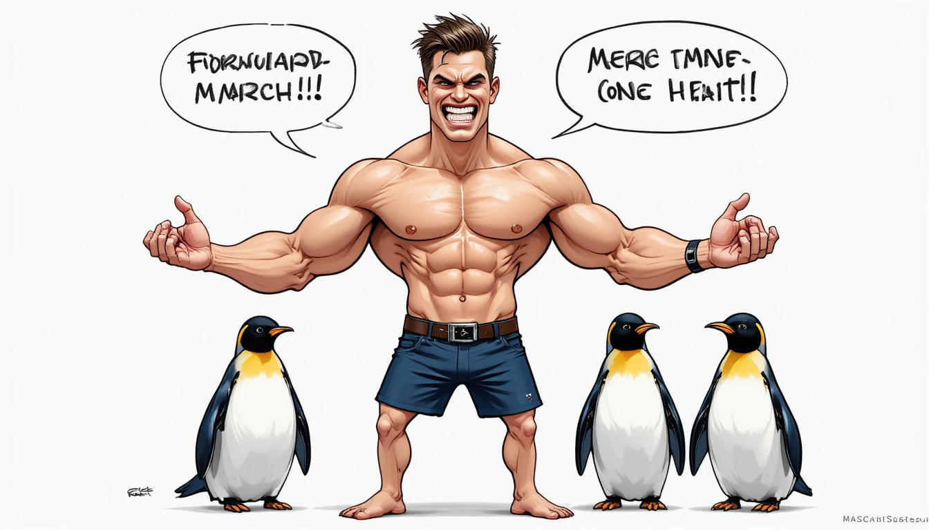 Homem musculoso comandando pinguins em ilustração em estilo de quadrinhos