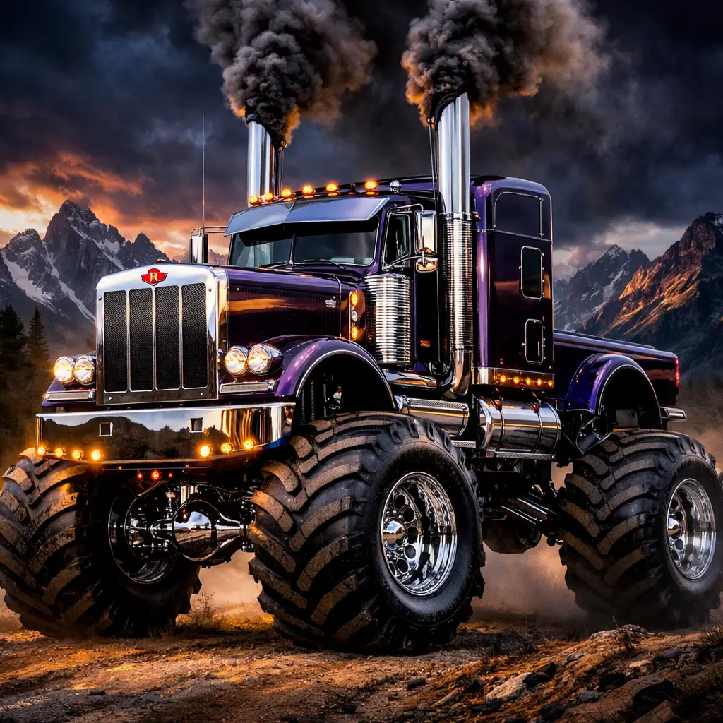 Dunkellila Showtruck auf Schotterstraße in den Bergen