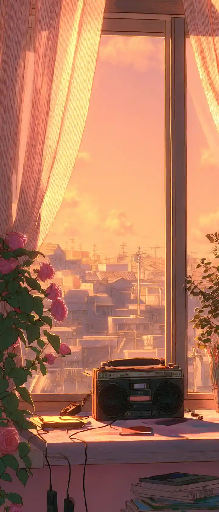 Alter Kassettenplayer auf einer Fensterbank im warmen Anime-Licht