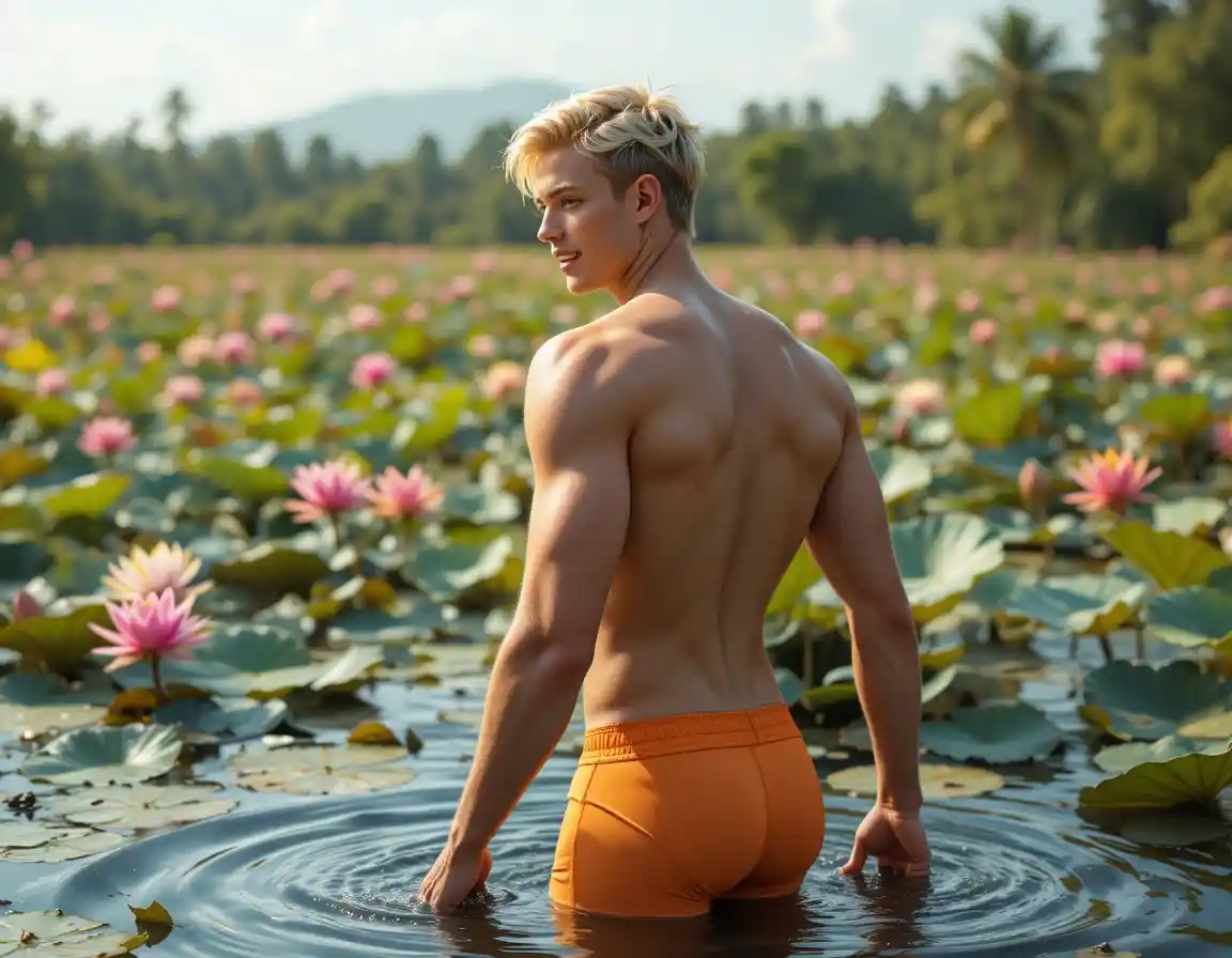 Young blond man smiling as he steps into a lotus lake