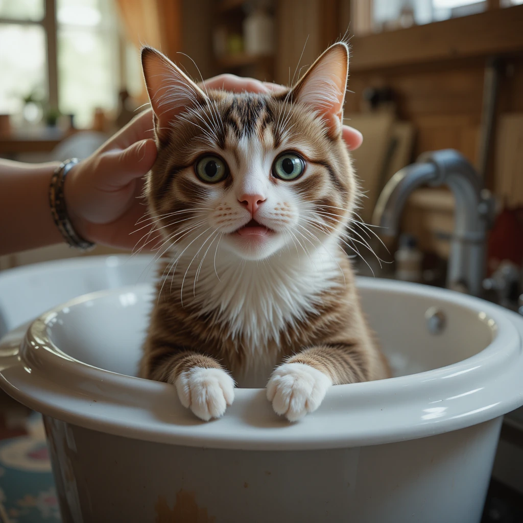 Gato resgatado sendo cuidadosamente lavado e alimentado em casa