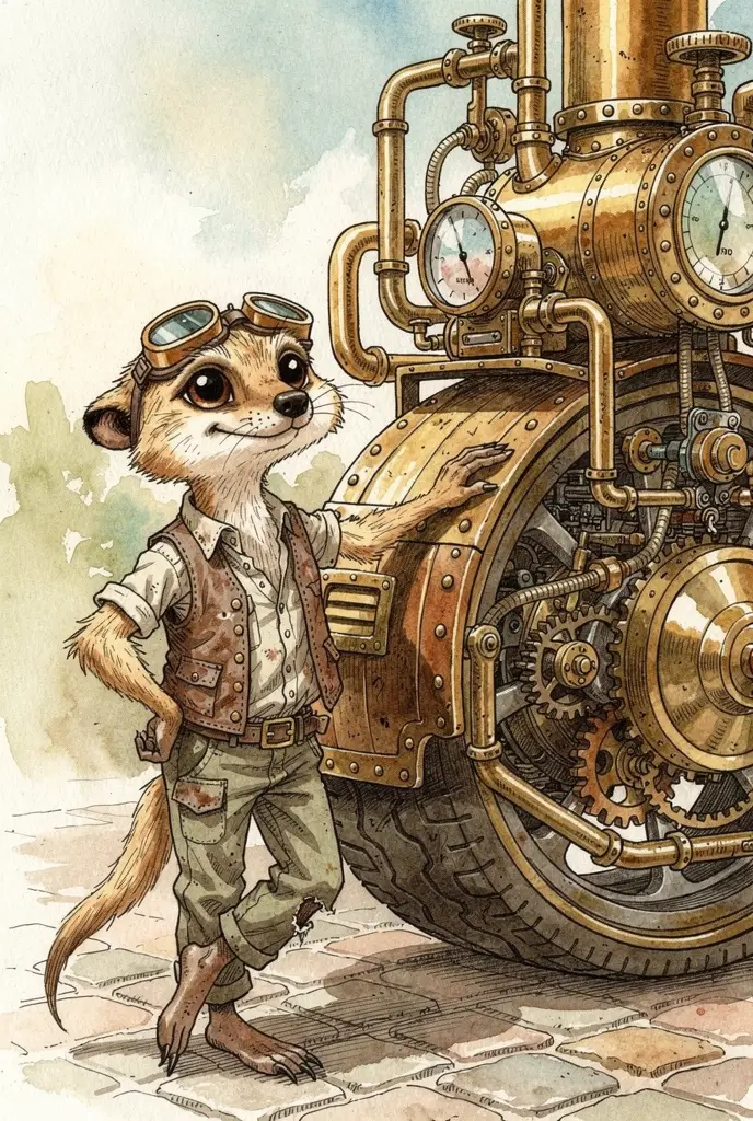 Skinny steampunk meerkat leaning on a detailed steam car