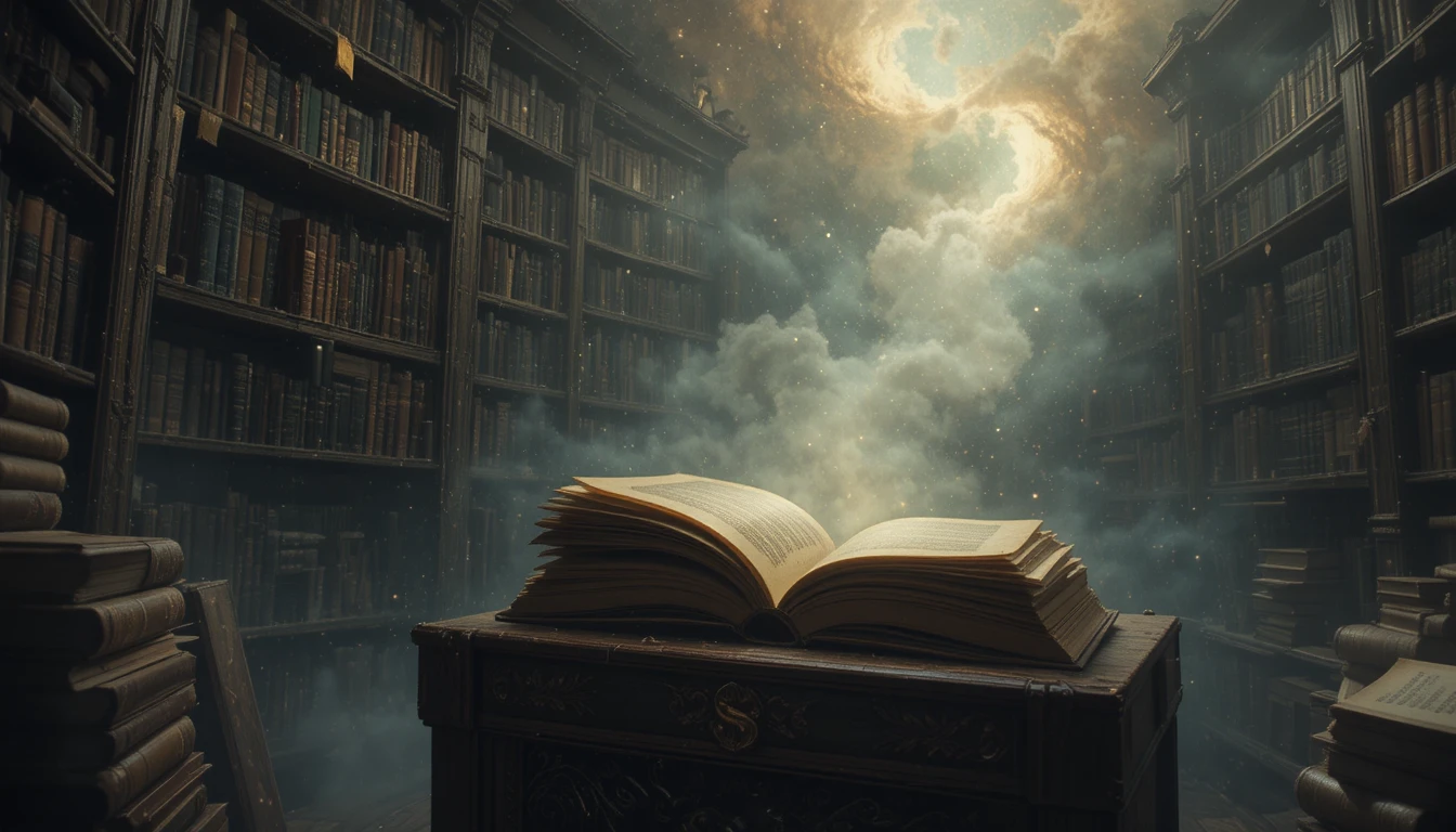 Antiga biblioteca flutuando suavemente em uma nebulosa cósmica