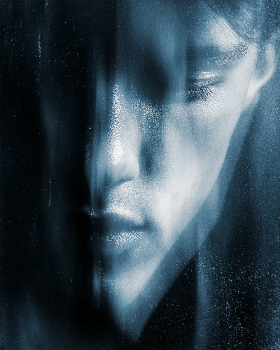 Gritty Close Up Portrait Of Woman In Deep Shadow