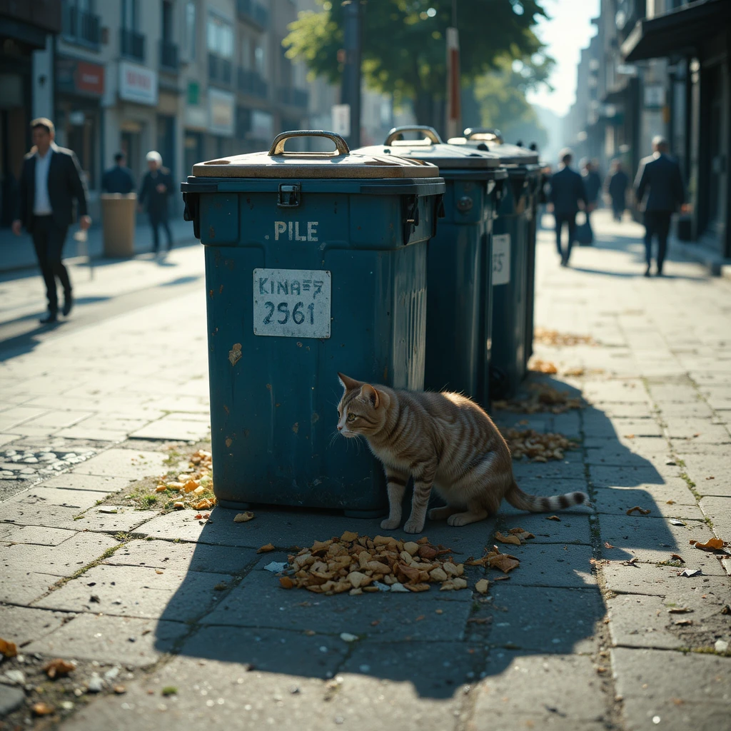 Dünne Streunerkatze durchsucht Mülltonnen in einer ruhigen Stadtstraße