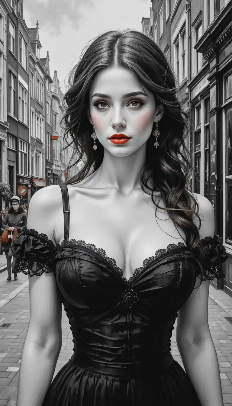 Bella donna in una via di Amsterdam in pittura a olio