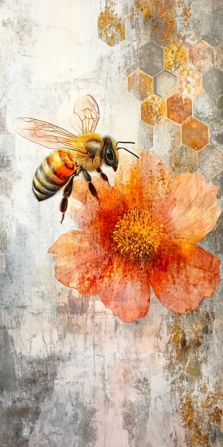 Surreal collage of a bee within a honeycomb sun