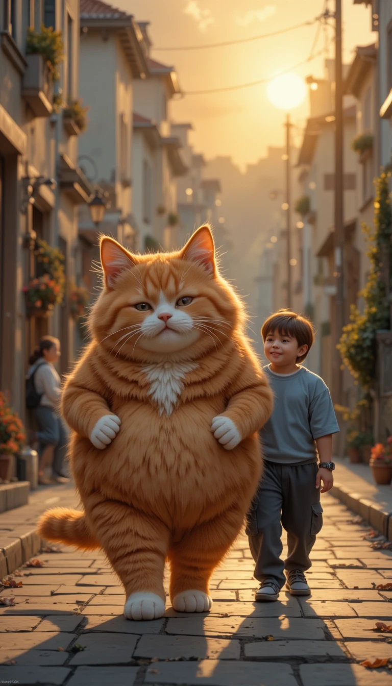 白い足のオレンジ色の猫が静かな通りを歩く
