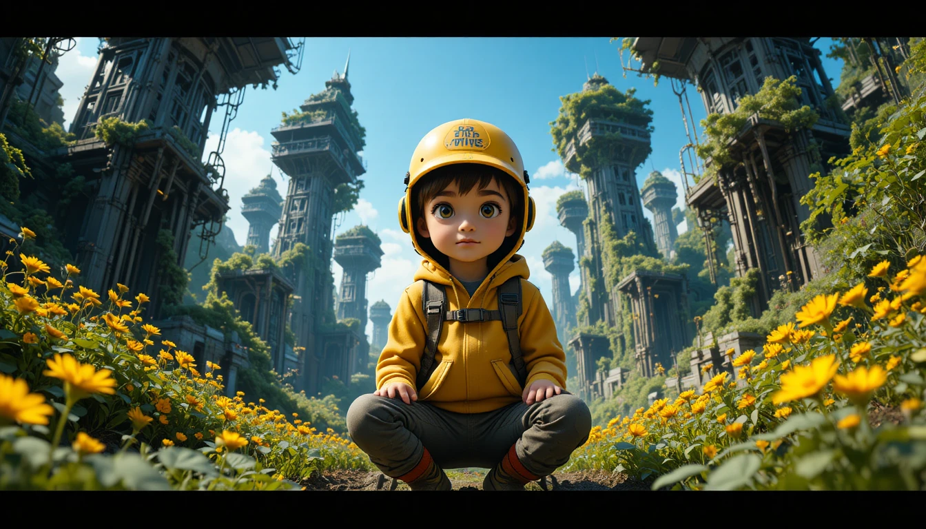 Young boy in yellow cap in a futuristic organic city