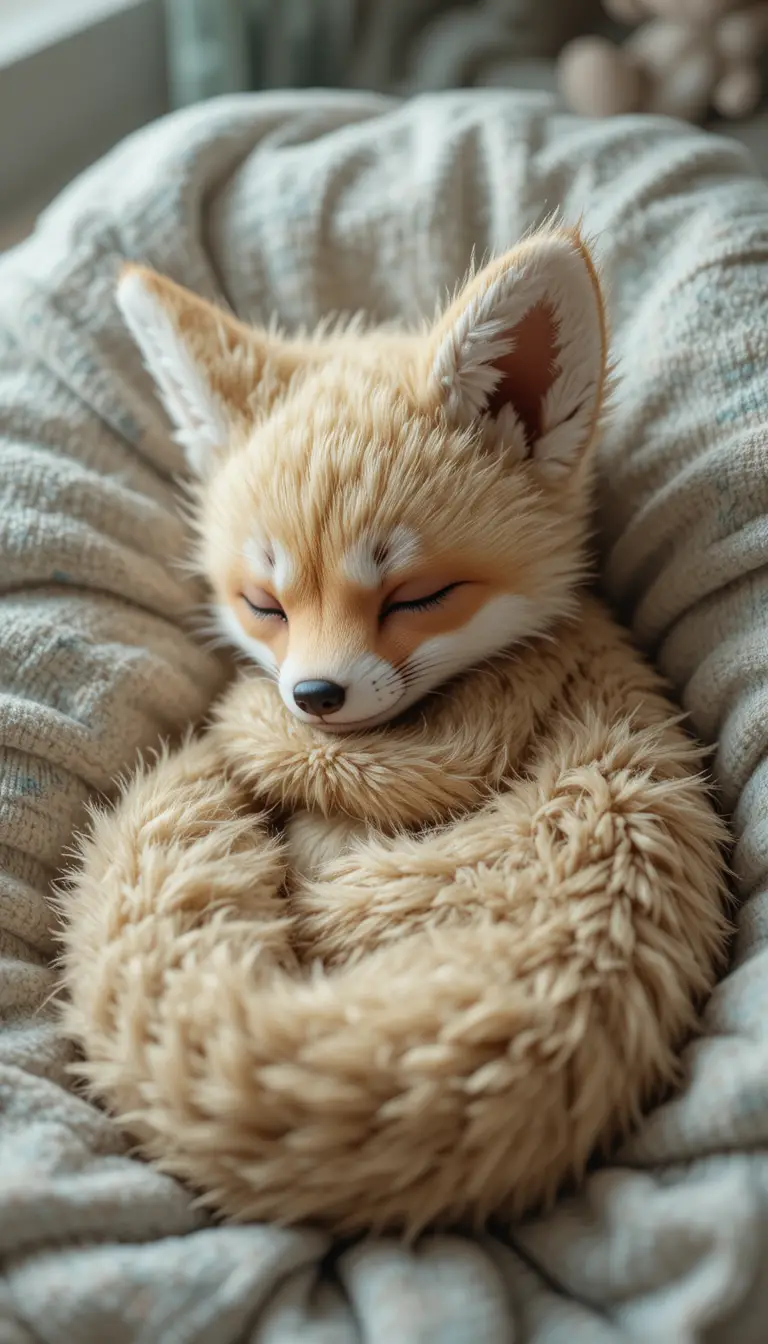 Plush Fennec Fox Curled Up Asleep In A Baby Bed