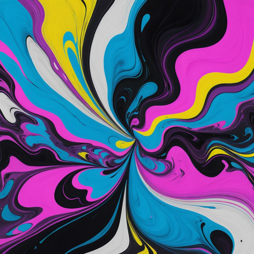 Ondas abstratas em neon vibrante sobre fundo marmorizado em preto e branco