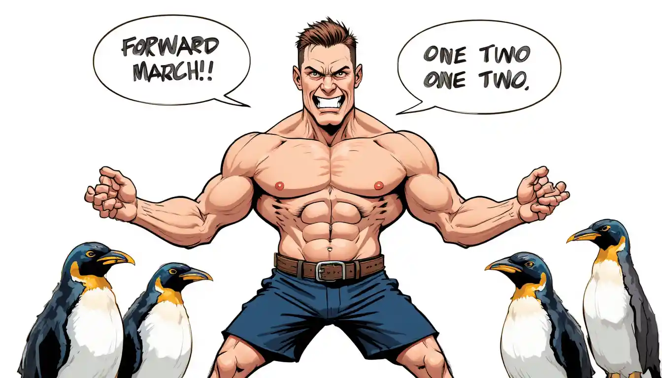 Homem musculoso comandando pinguins em ilustração em estilo de quadrinhos