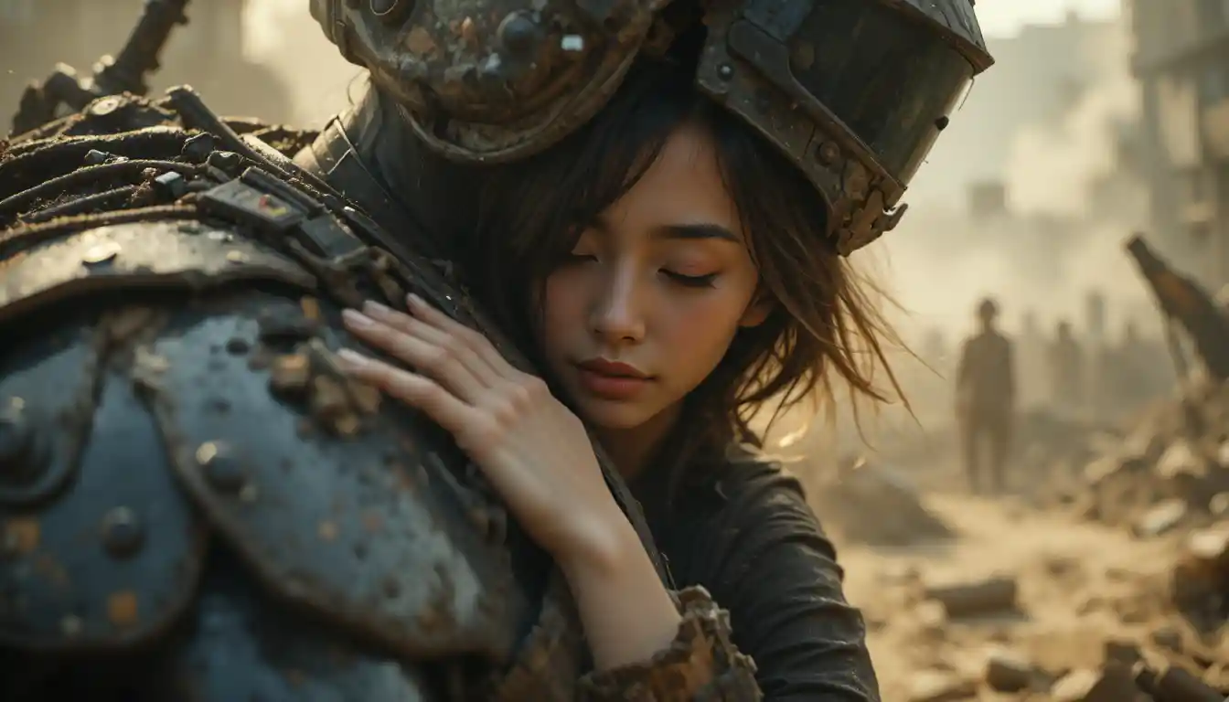 Young woman embracing armored figure in ruined city light