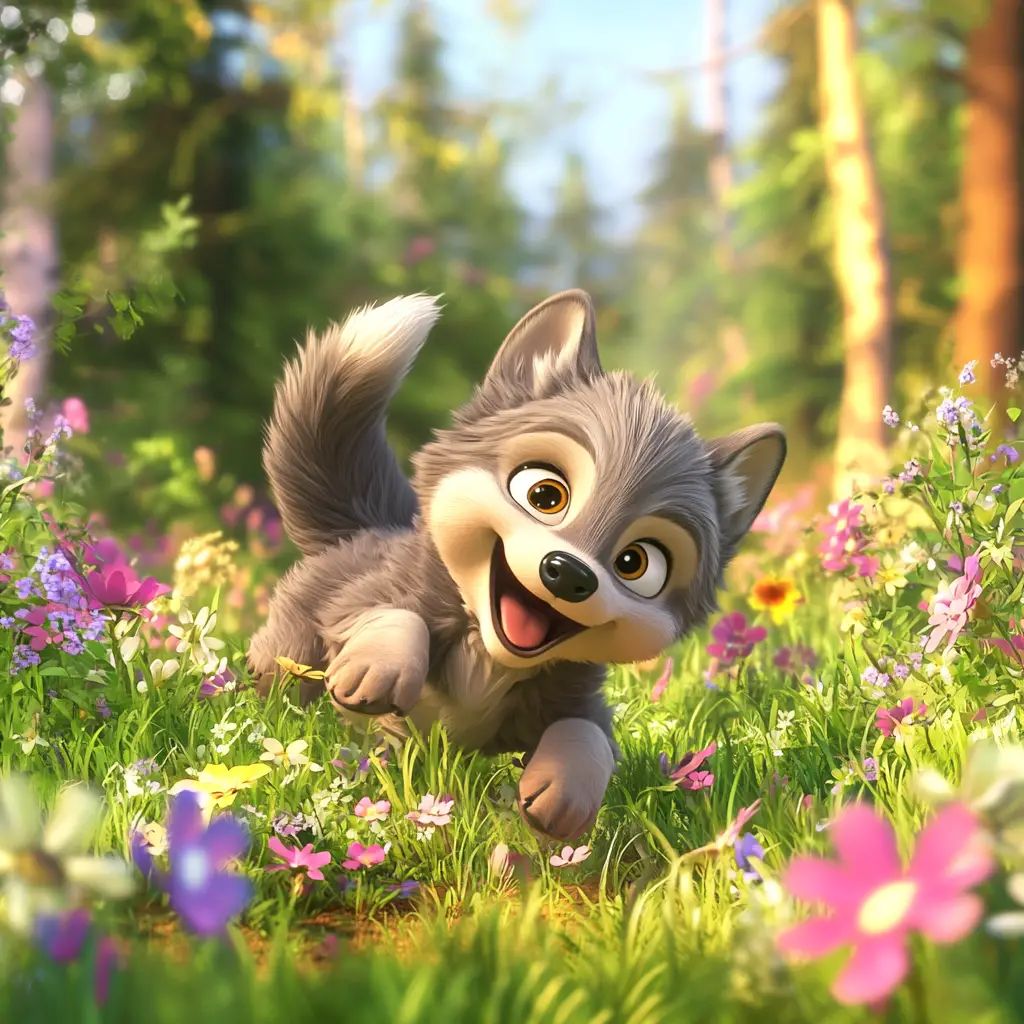 Playful baby wolf pup in a summer forest meadow