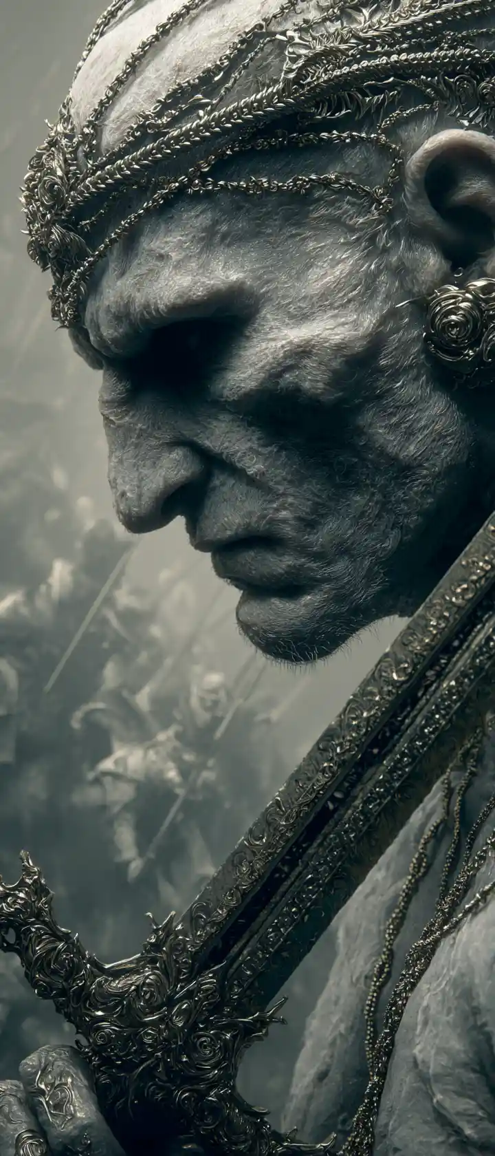 Portrait de guerrier émacié avec casque enchaîné et épée en os