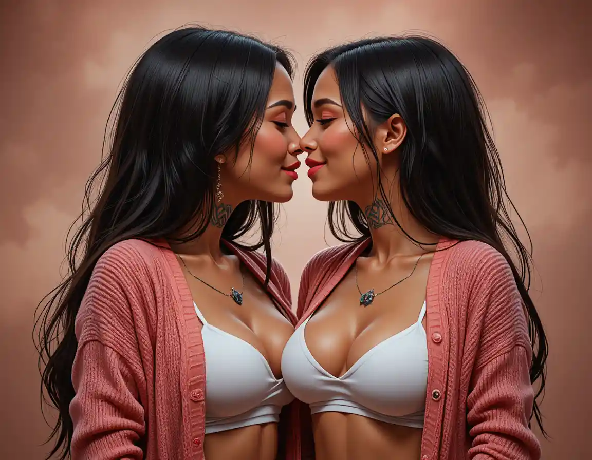 Intense close up of two shaved head women kissing