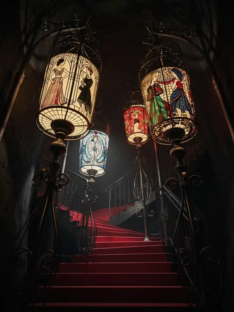 Lampade Tiffany fantastiche sopra una scalinata rossa in un corridoio di catacombe
