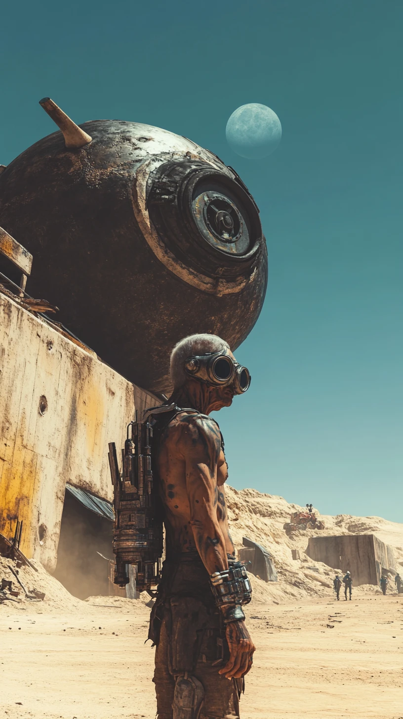 Old man standing alone in a post apocalyptic desert