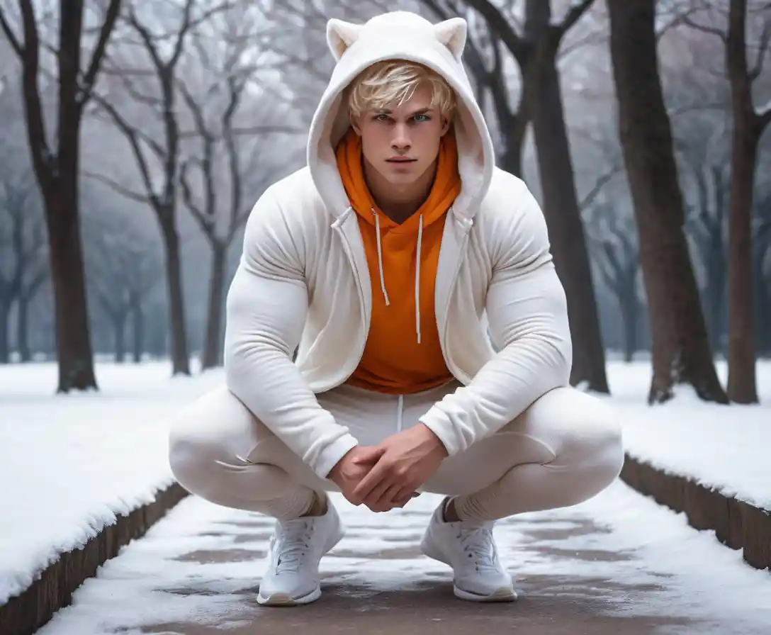 Young blond man in white fleece leggings in winter park