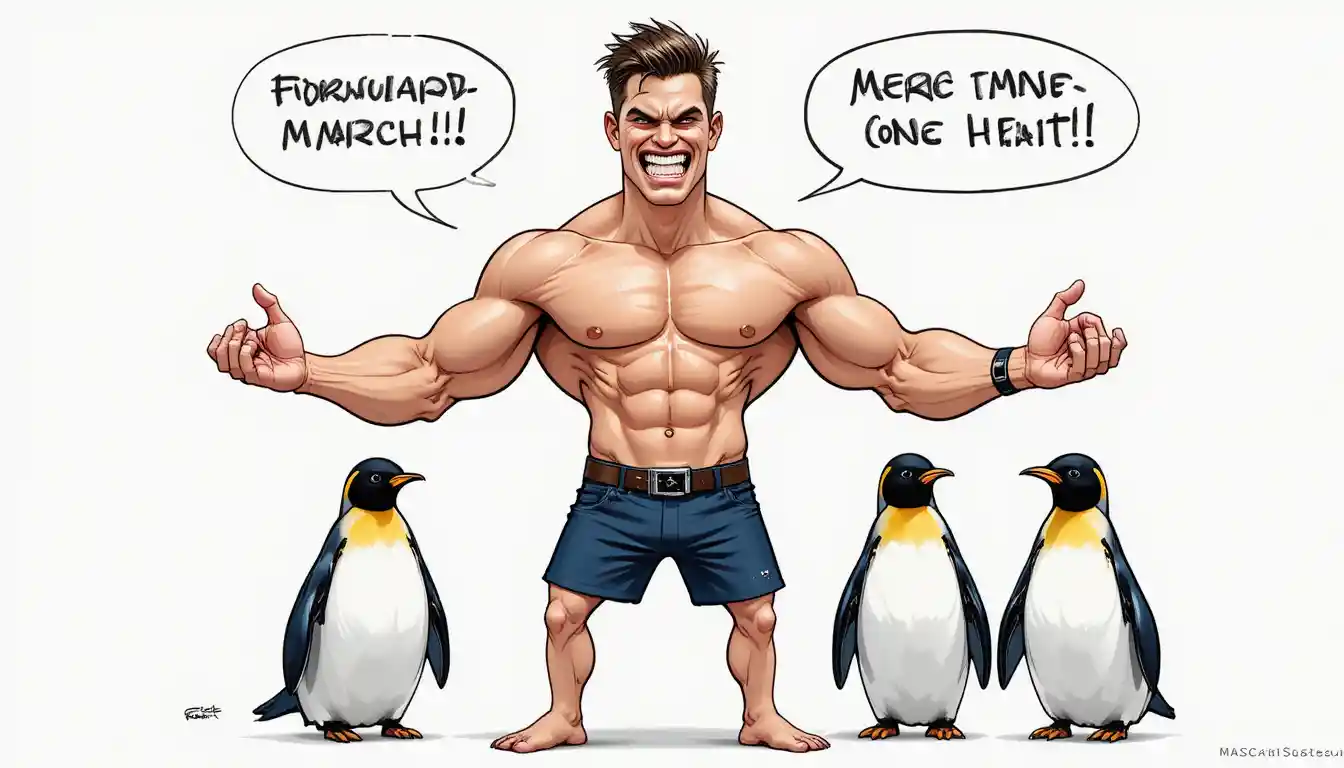 Homem musculoso comandando pinguins em ilustração em estilo de quadrinhos