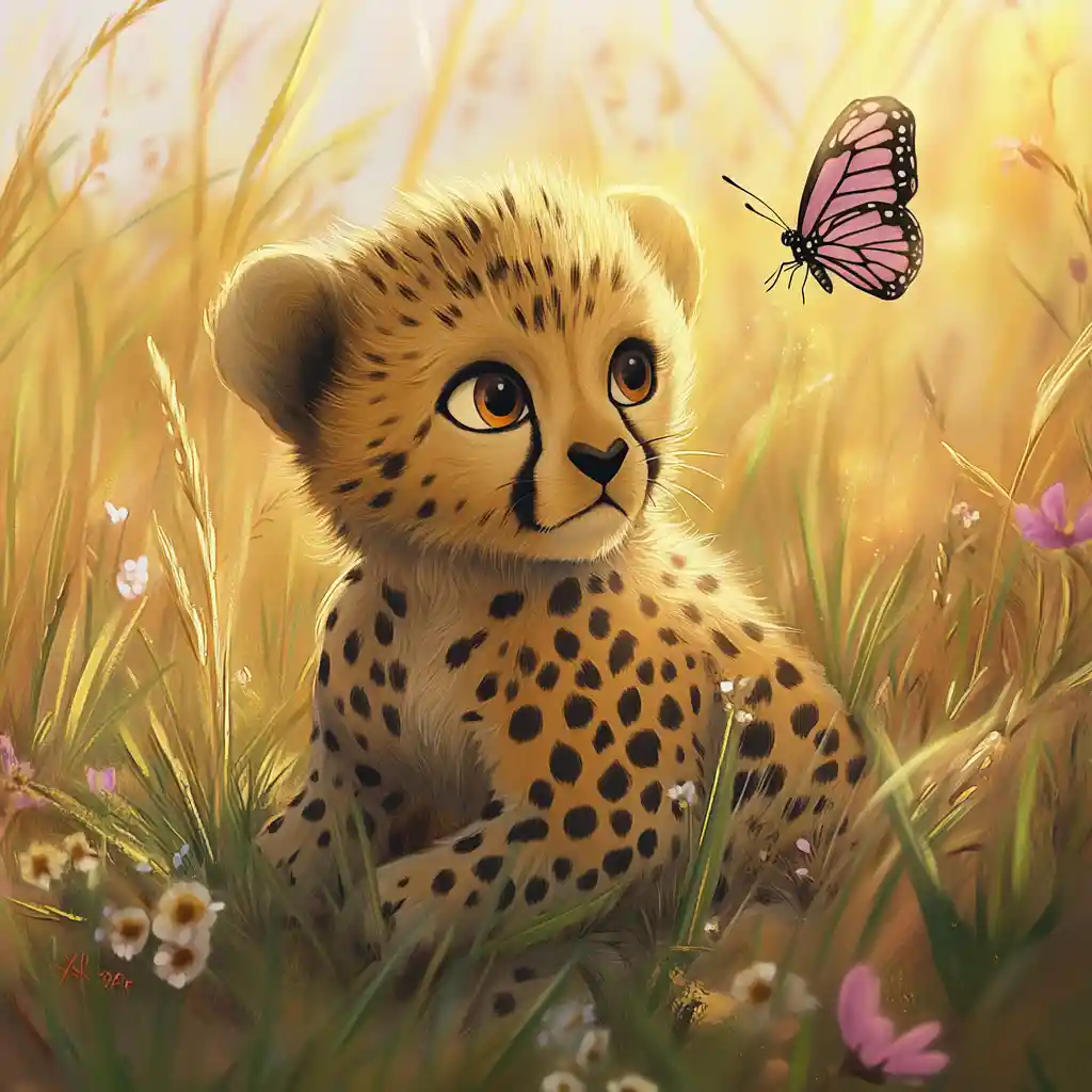 Baby-Gepard beobachtet Schmetterling im warmen Savannengras