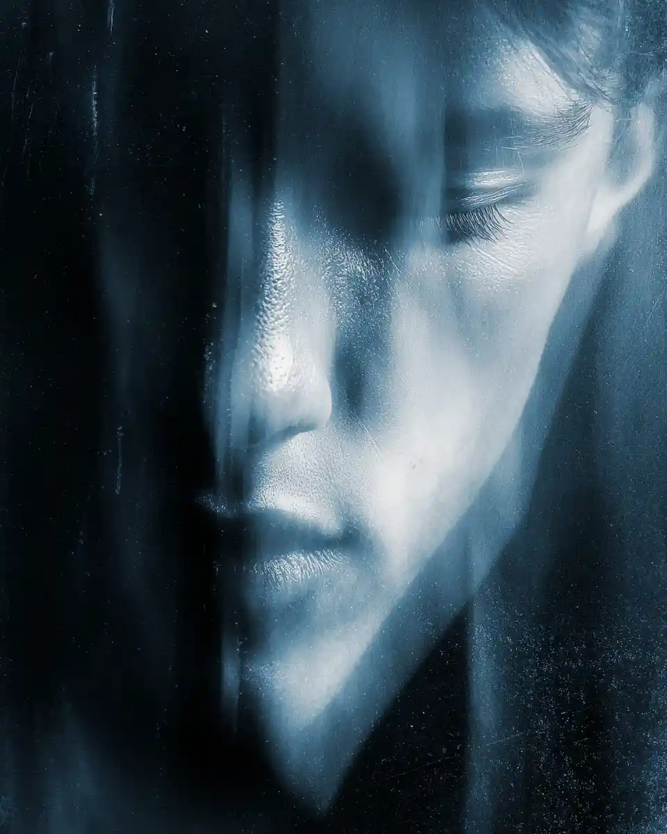 Gritty Close Up Portrait Of Woman In Deep Shadow