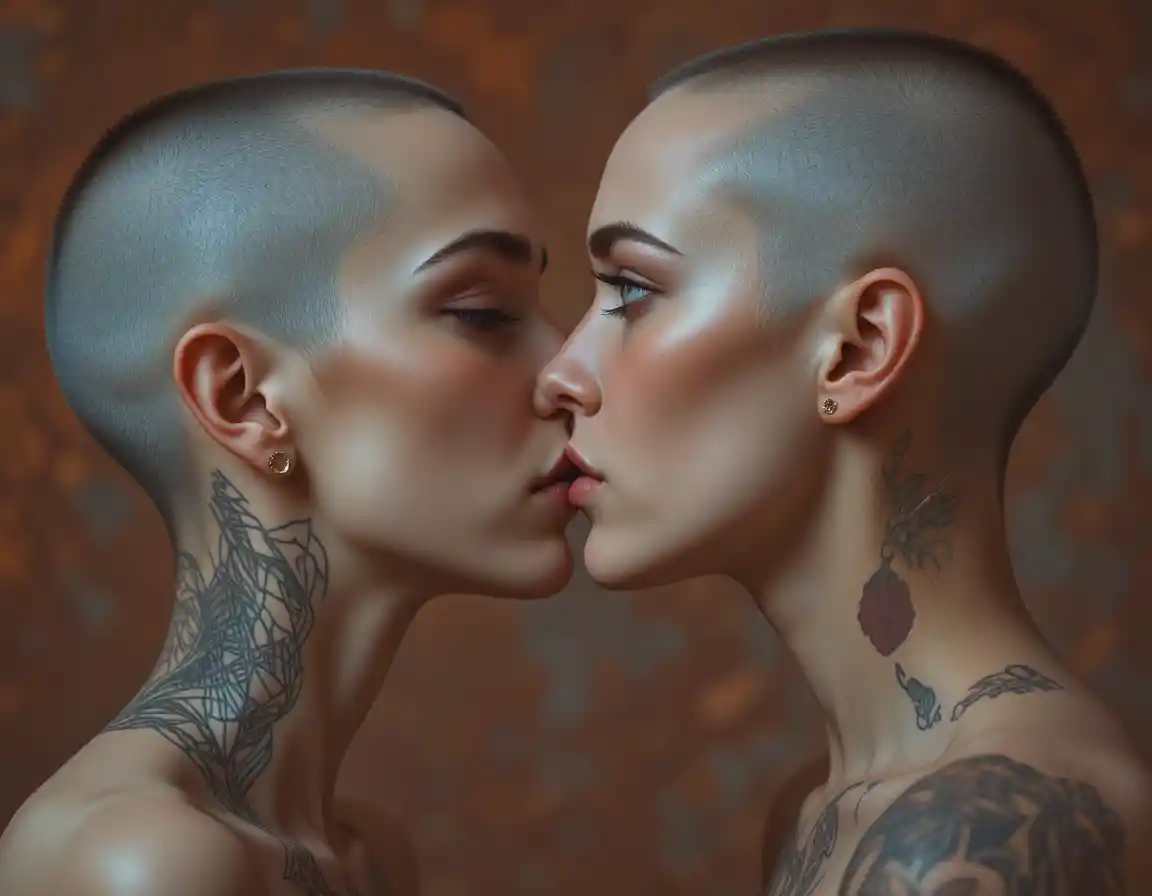 Intimate close up of two shaved head women kissing
