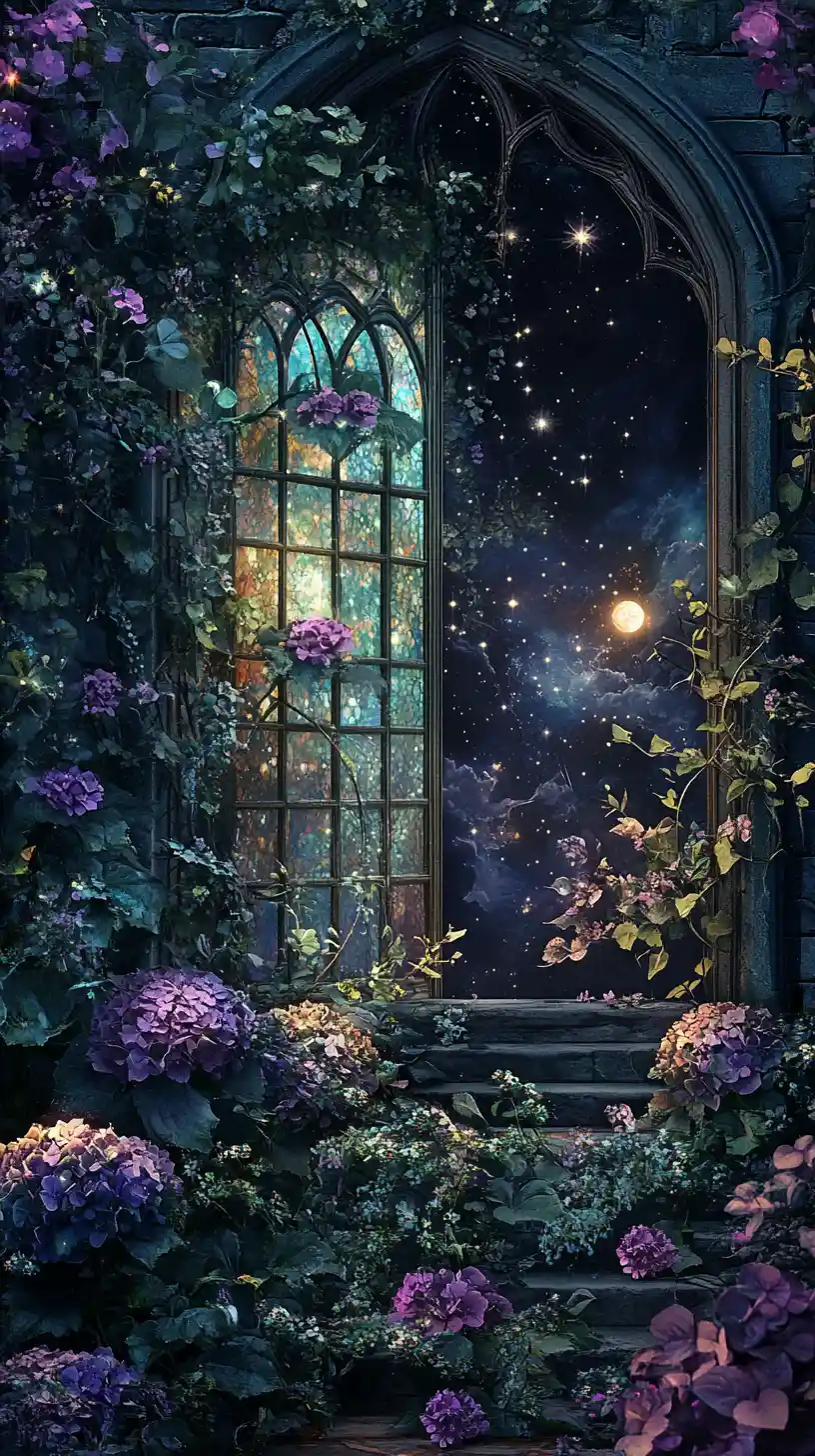 Giardino fantasy gotico che brilla sotto la soffice luce lunare