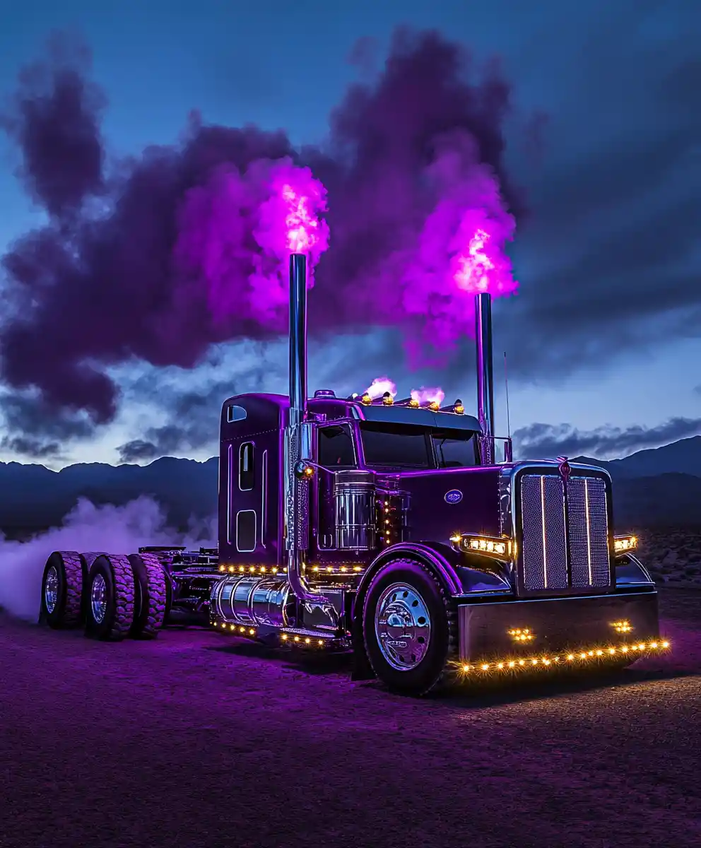 Camion personalizzato viola scuro con cromature in paesaggio montano