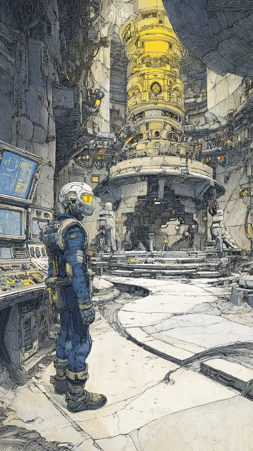 Futuristic temple soldier gazing at radiant alien deity