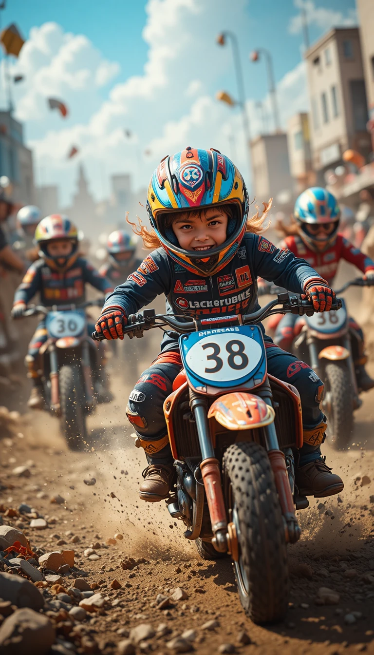 Corrida caótica de motos infantis com energia cartunesca selvagem