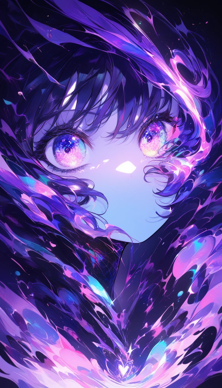 Chica de anime con ojos multicolor luminosos y piel de porcelana