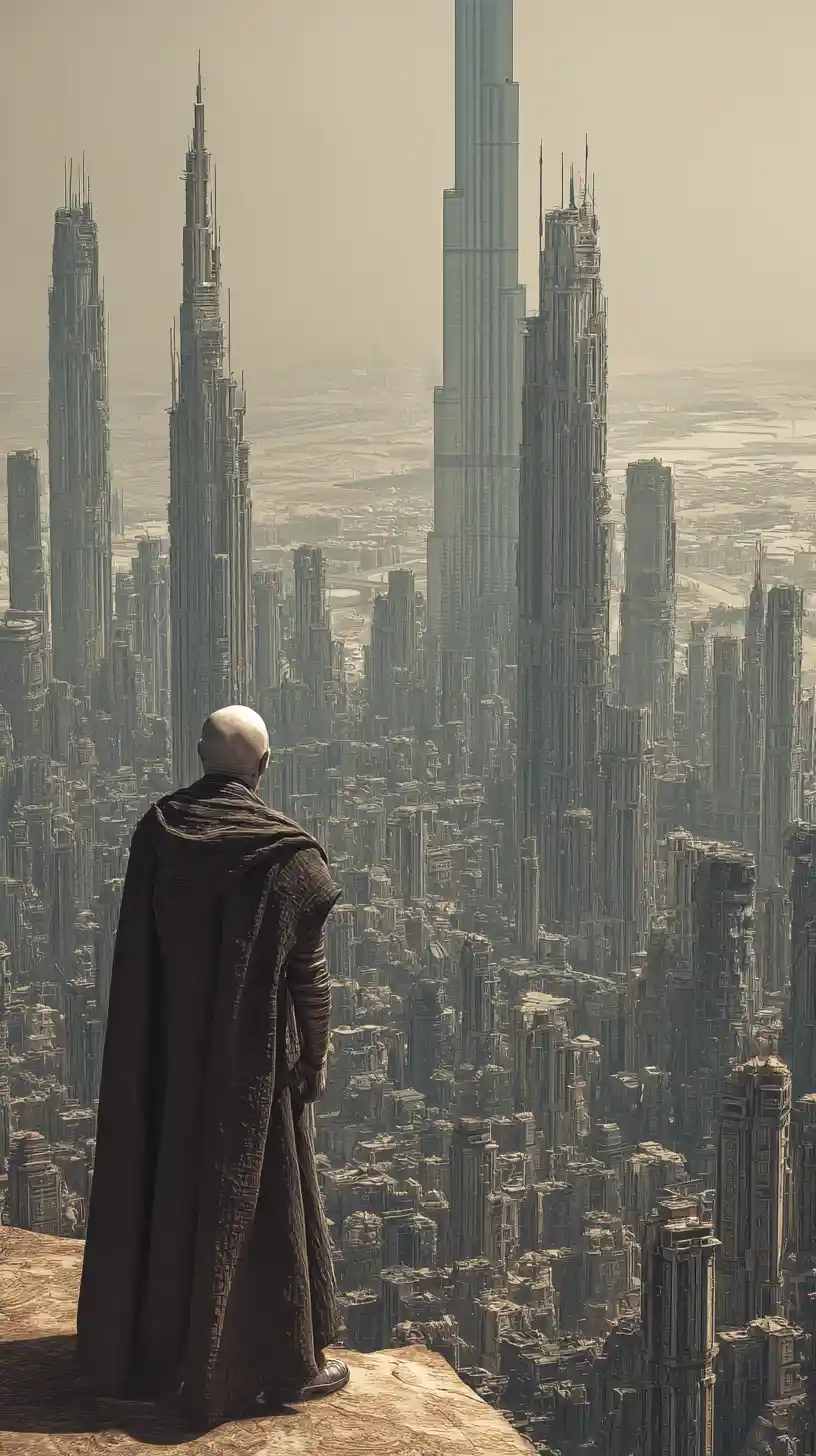 Homem futurista careca em acampamento no deserto diante de cidade art déco