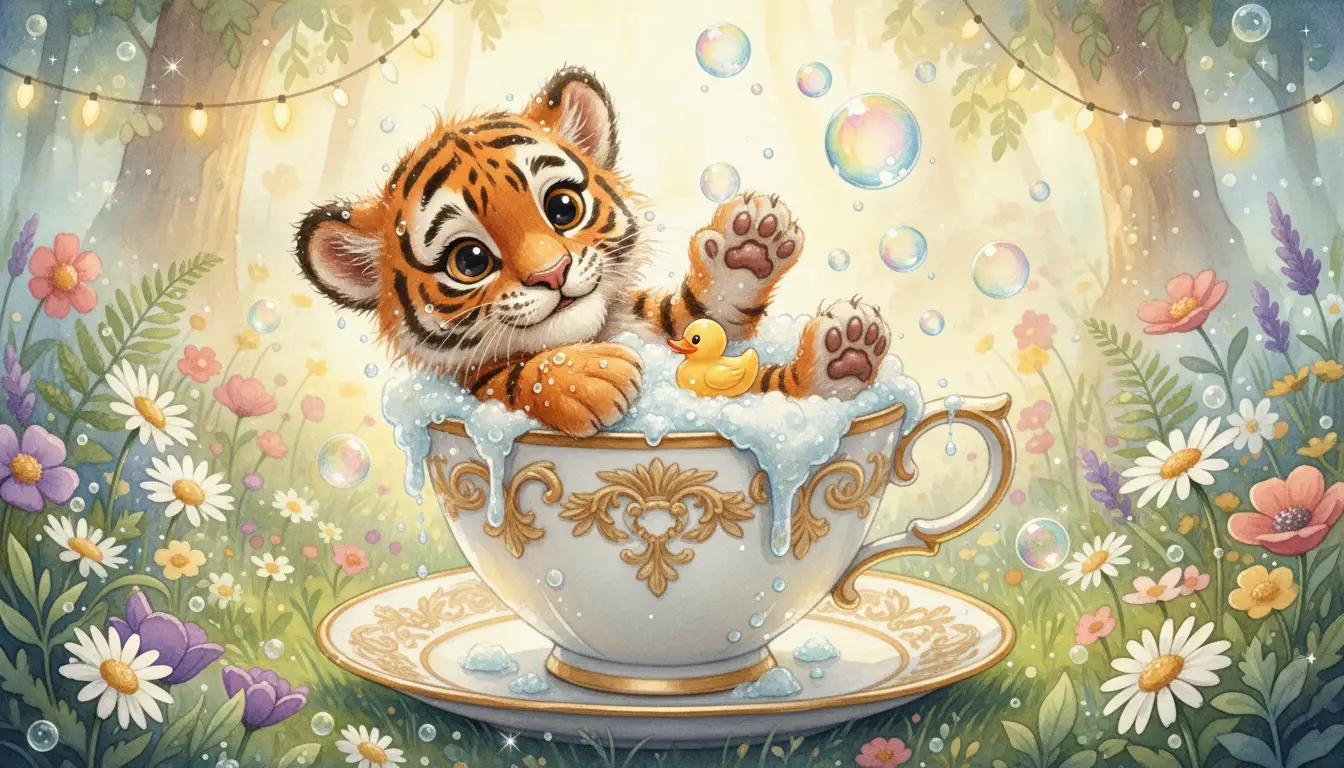 Baby-Tiger in einem magischen, schaumigen Teetassenbad