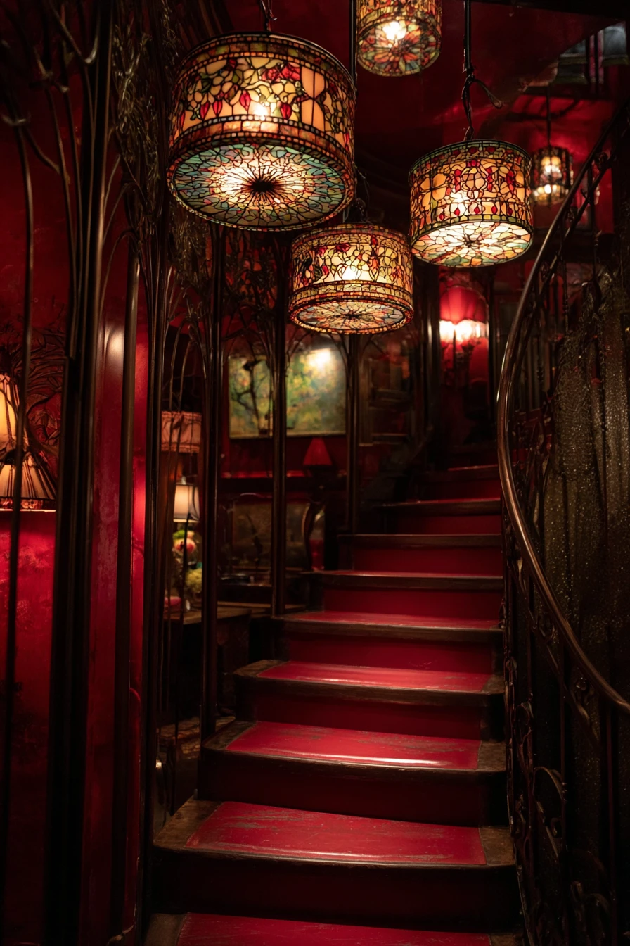 Fantasievolle Tiffany-Lampen, die über einer roten Treppe leuchten