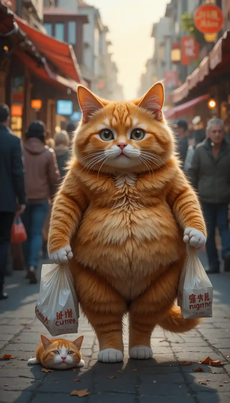 Gattone arancione paffuto che cammina in un affollato mercato di strada