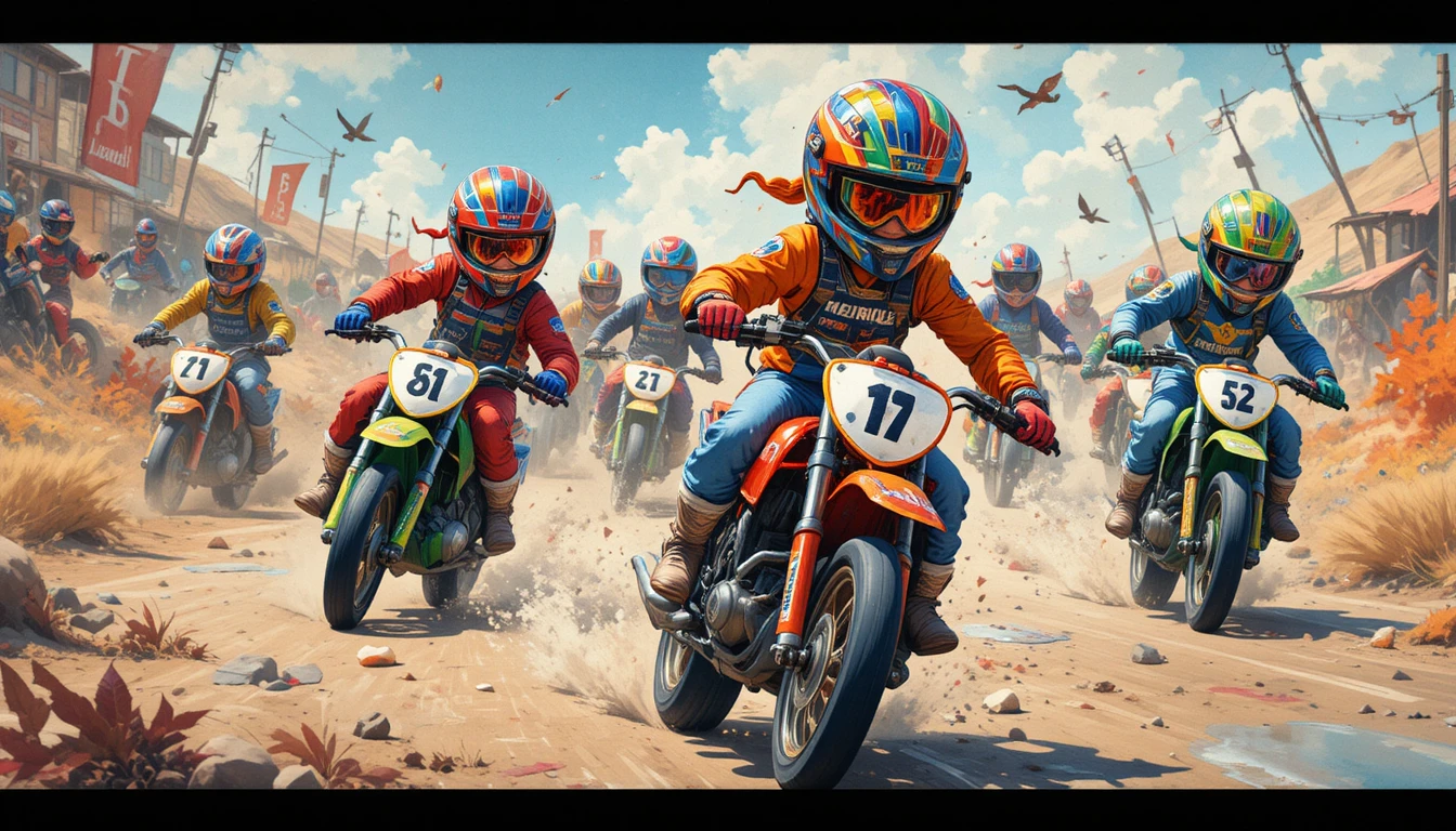 Corrida Caótica de Motos Infantis em Estilo Aquarela Divertido