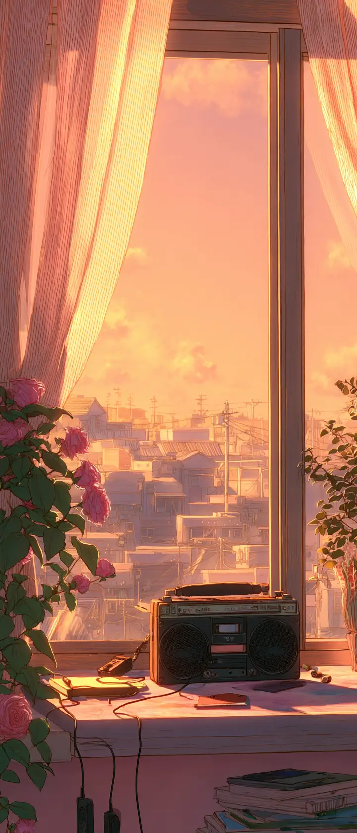Alter Kassettenplayer auf einer Fensterbank im warmen Anime-Licht