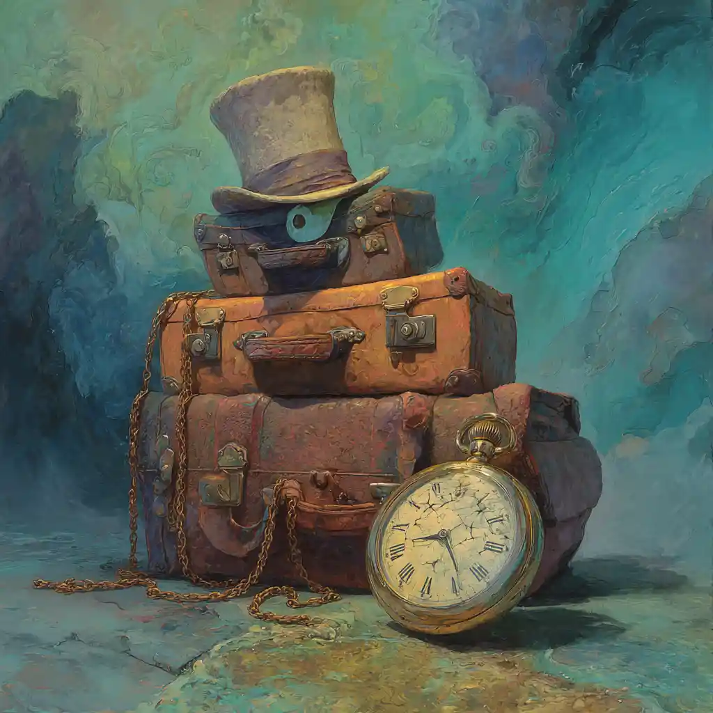 Surrealer Vintage-Koffer mit Taschenuhr und Schallplatte