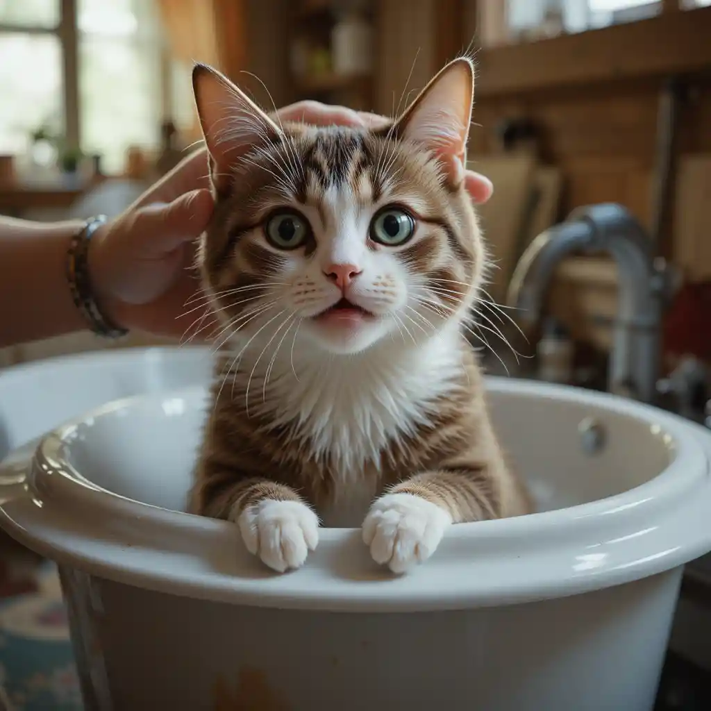Gato resgatado sendo cuidadosamente lavado e alimentado em casa