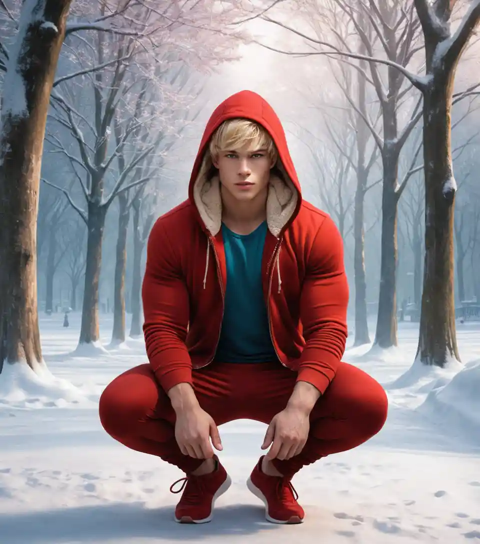 Blonder junger Mann in roten Fleece-Leggings, der im Winterpark hockt