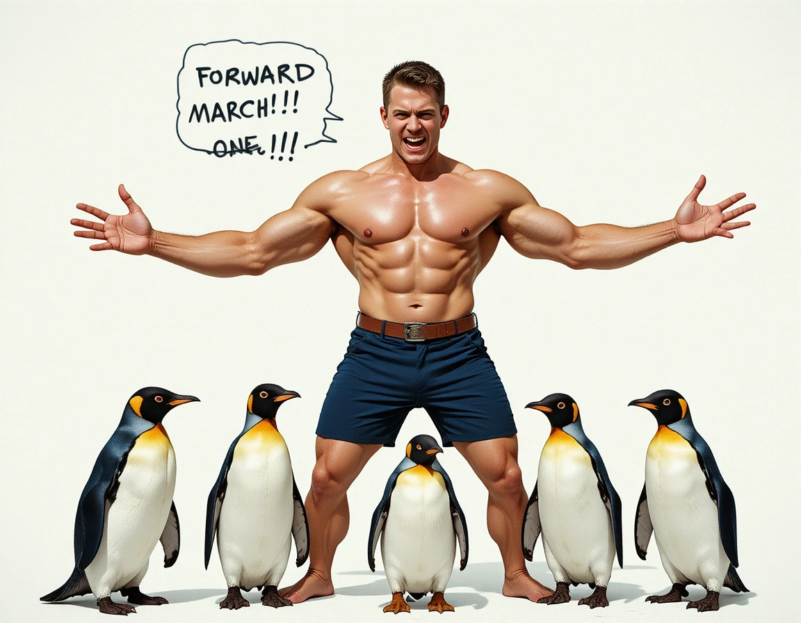Homem musculoso zangado liderando pinguins em estilo de quadrinhos