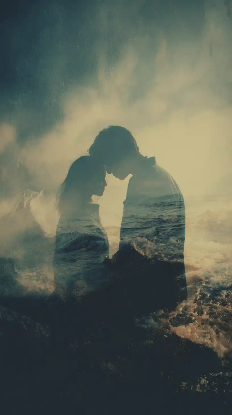 Broken heartscape over forest and sea in cinematic style